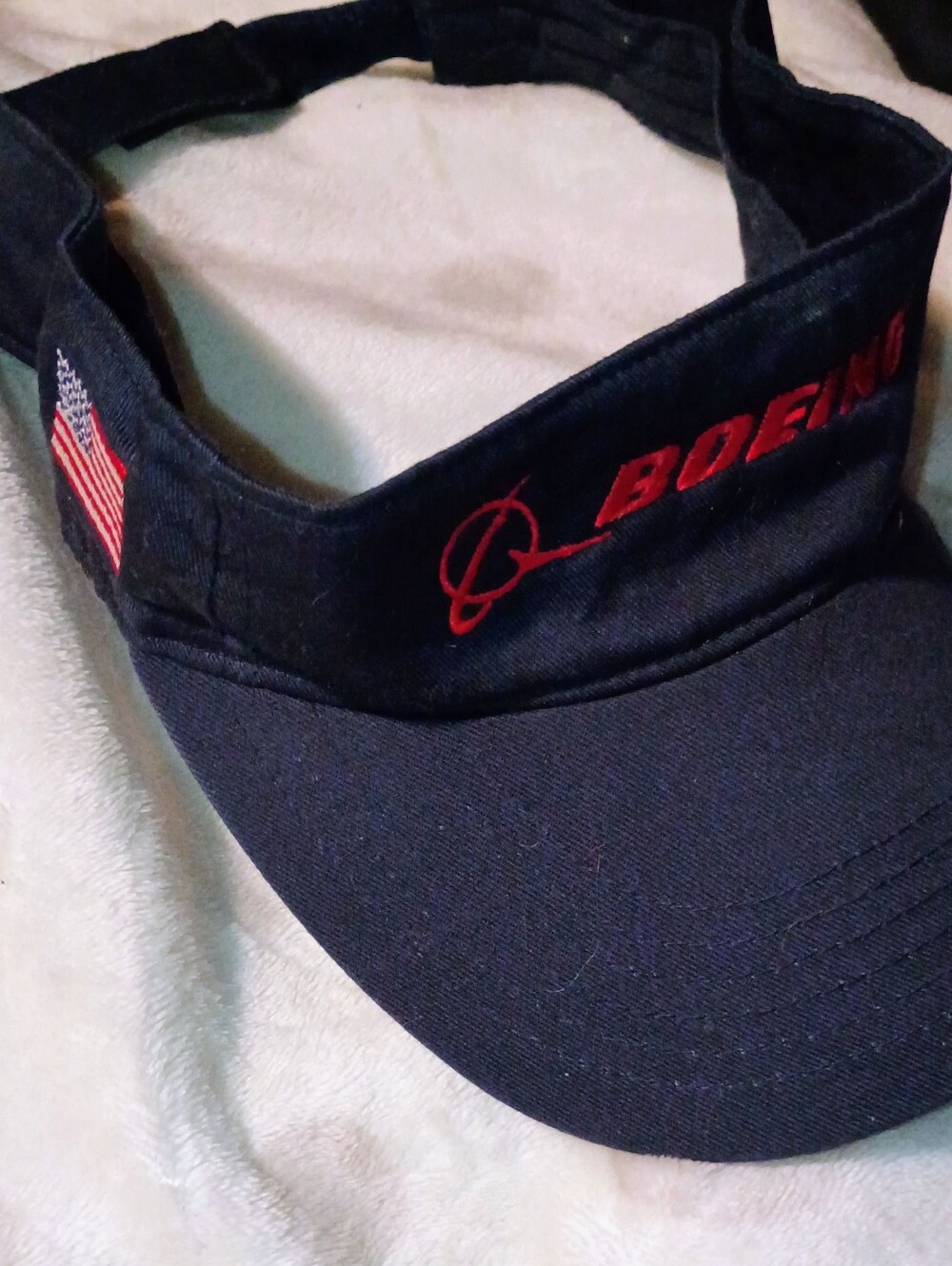 Vintage Boeing Sun Visor Navy Blue Red Logo US Flag Corporate Aviation